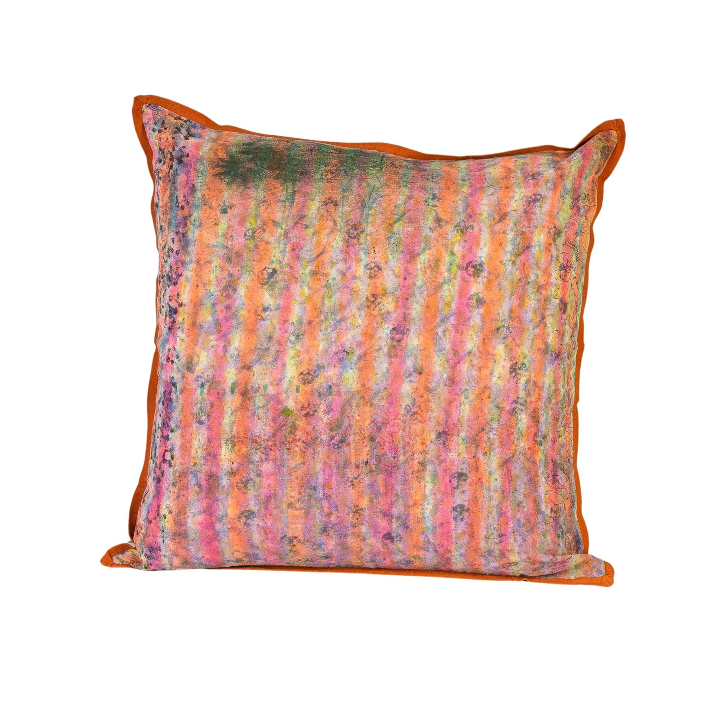 A square-shaped cushion cover with a mix of orange, pink, green, and other colors in a textured pattern.