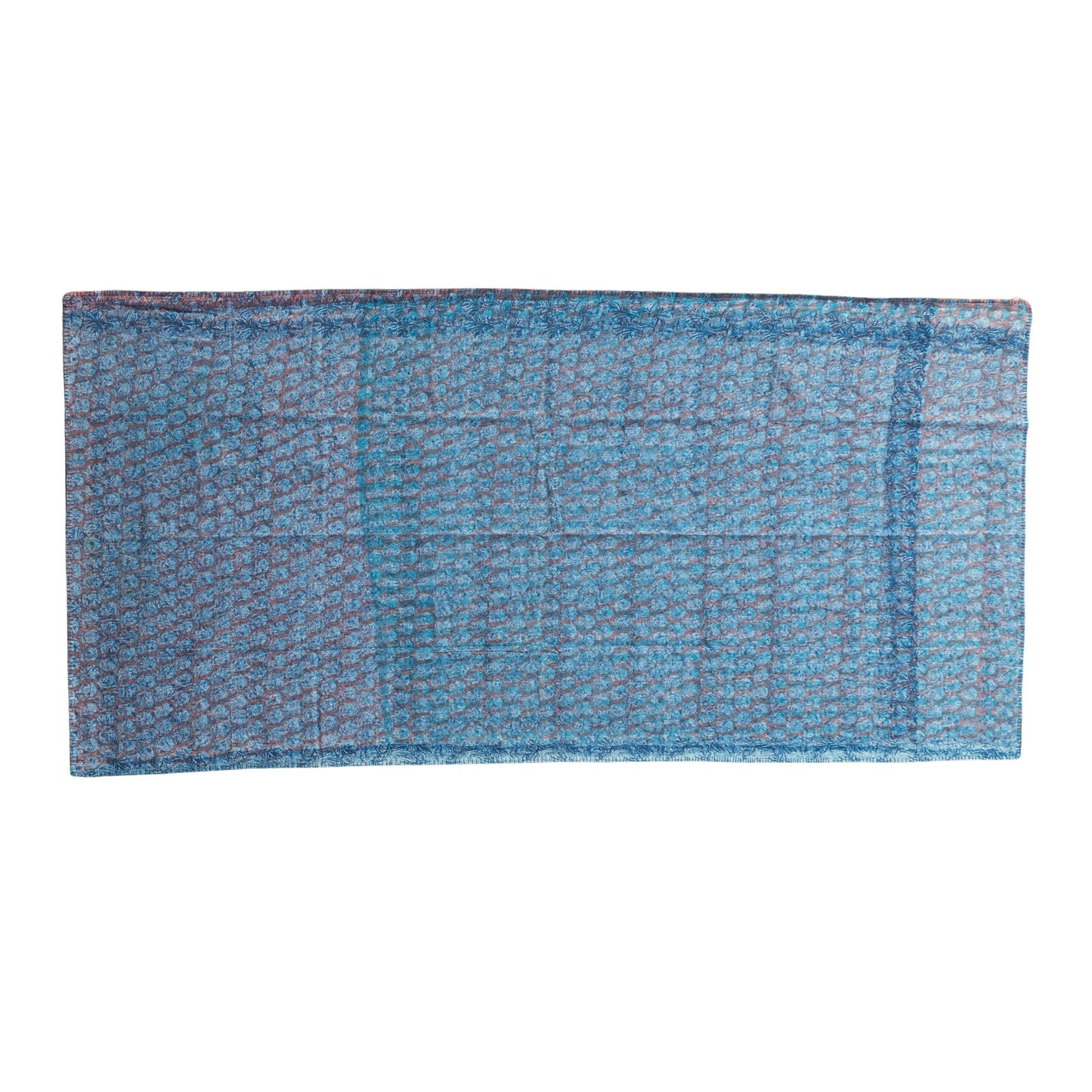Half Kantha Dohar Quilt - Coral Bloom / Blue Iris - One of a Kind