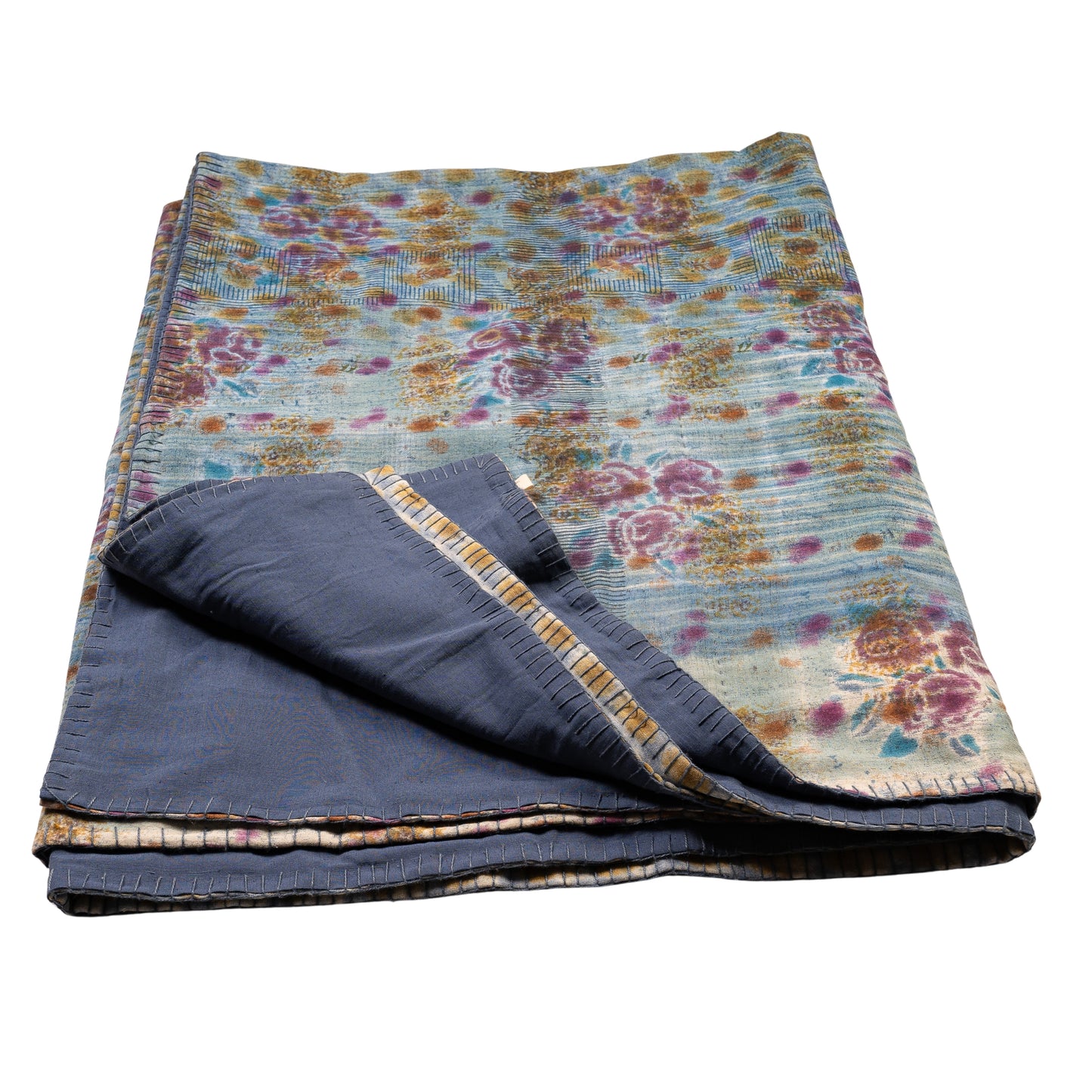 Half Kantha Doha Quilt - Vintage Rose / Blue Iris Limited Edition of 2