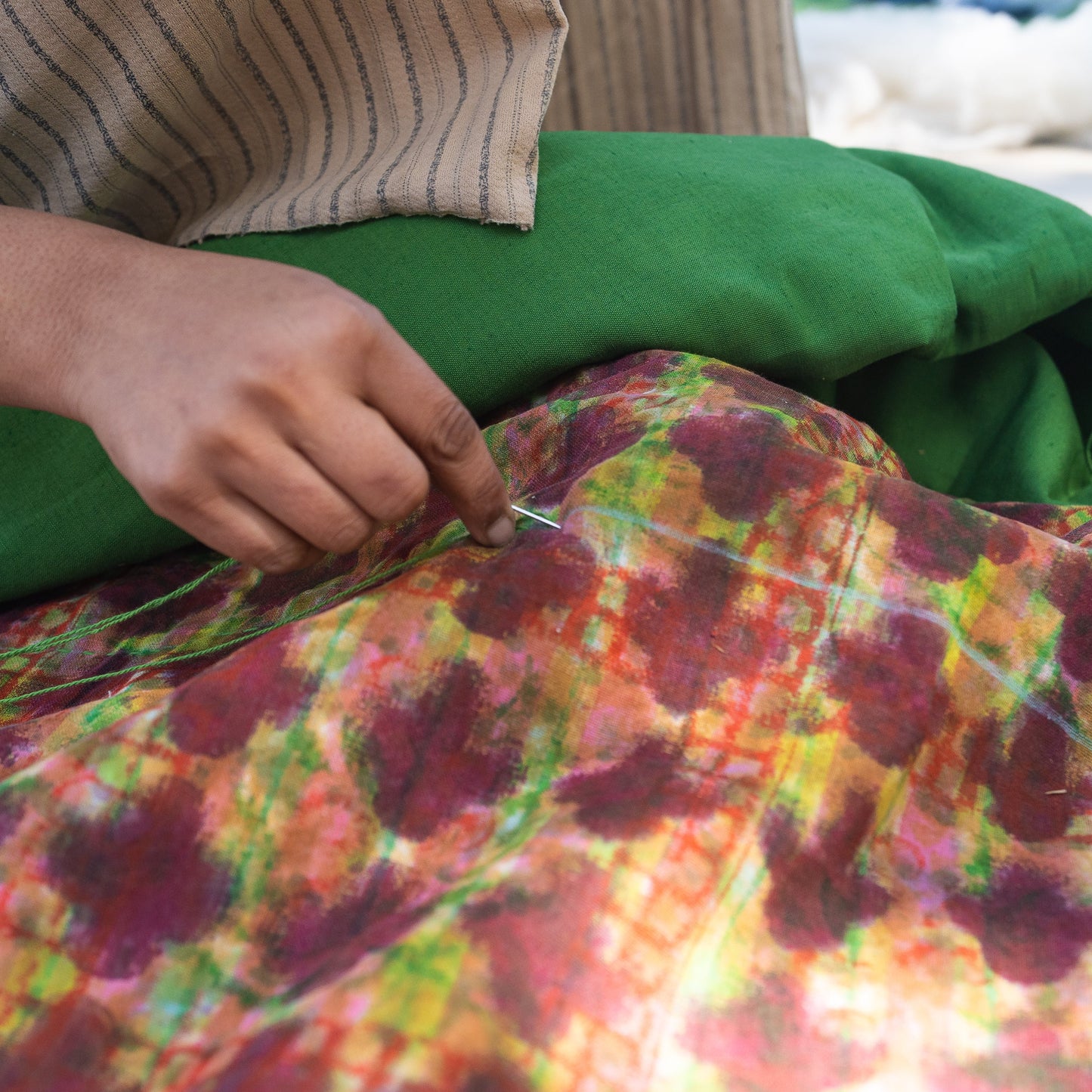 Half Kantha Dohar Quilt - Underprint - Lattice / Moss - One-of-a-kind