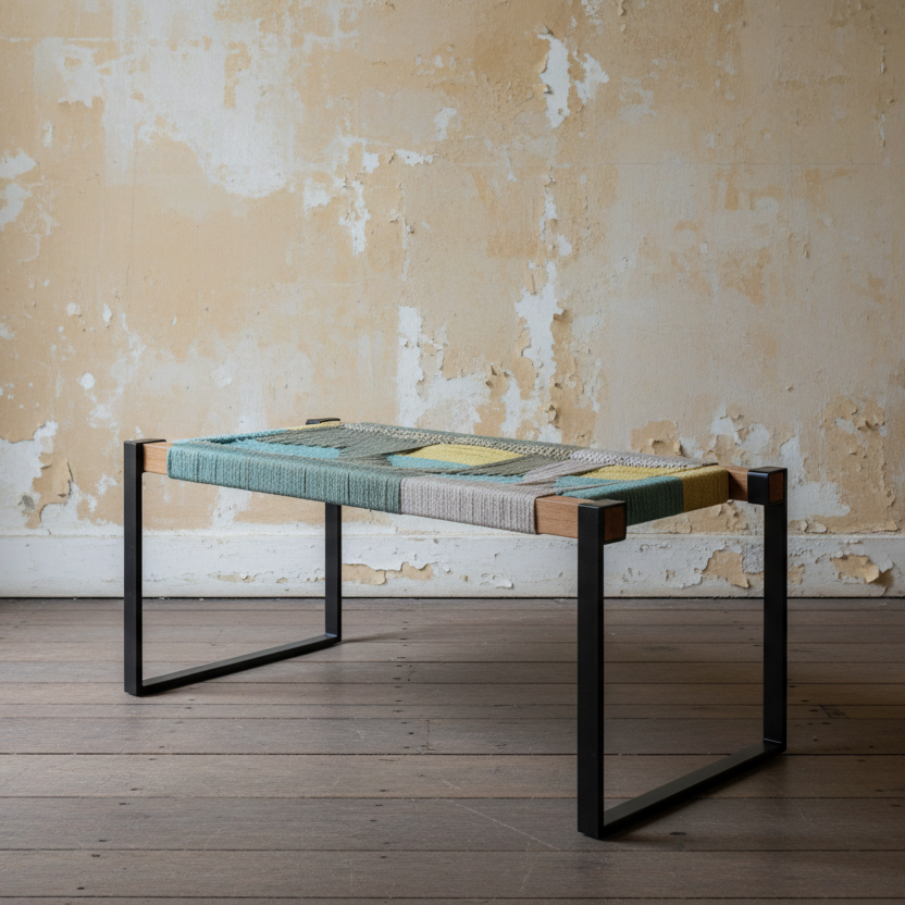 Handwoven bench seat with black metal legs against aged ochre wall