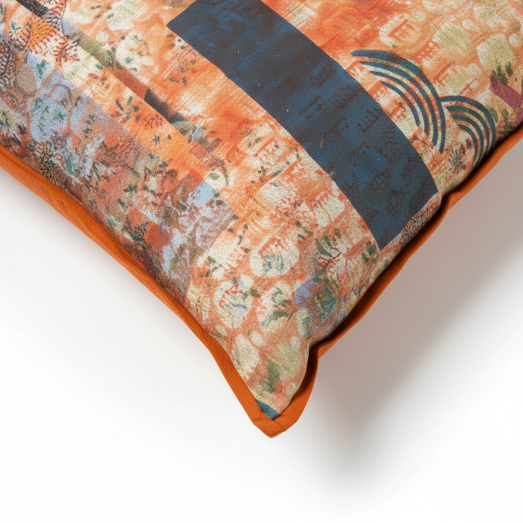 Close-up corner detail of abstract cushion lying flat