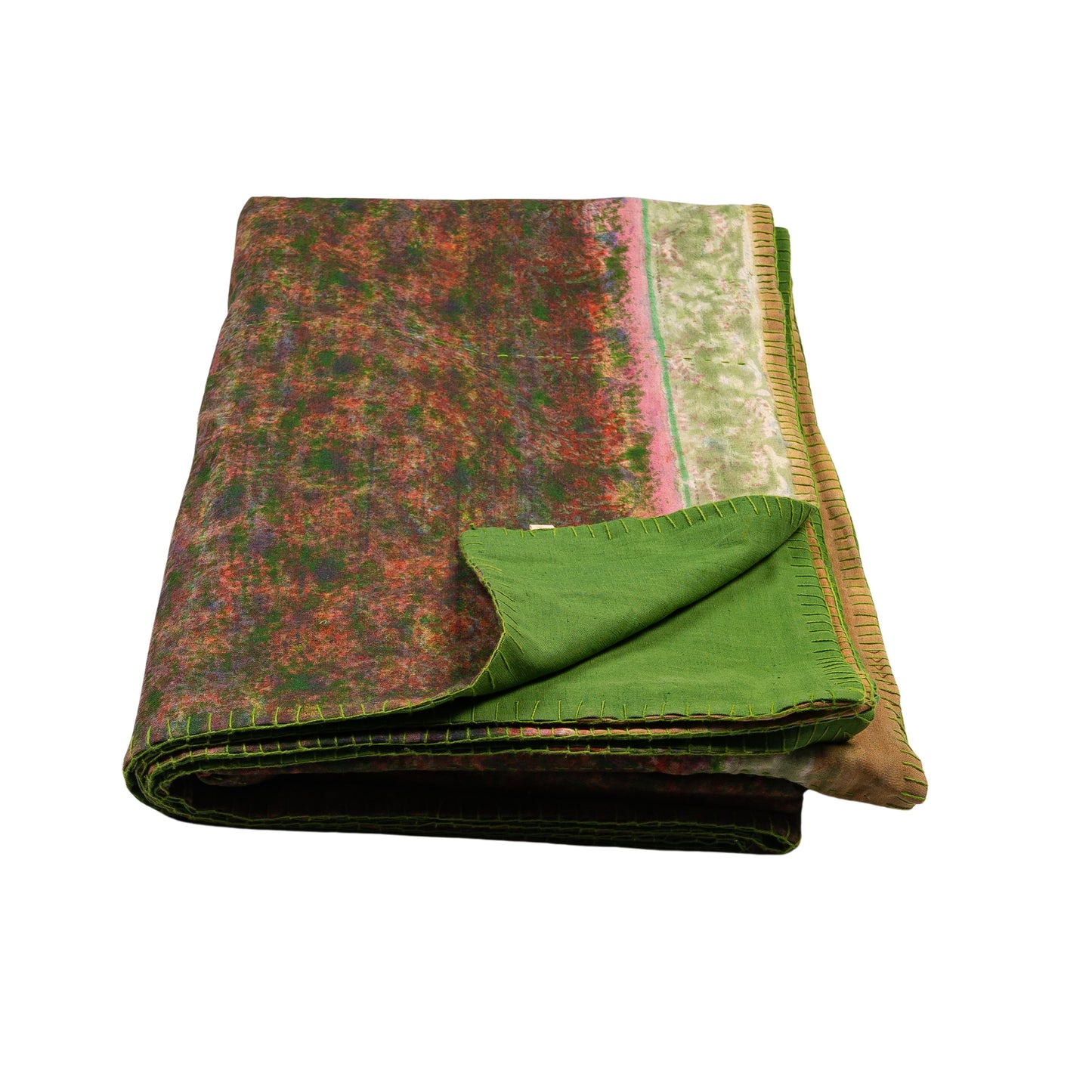 Half Kantha Dohar Quilt - Saturated Stripe / Moss - One of a Kind