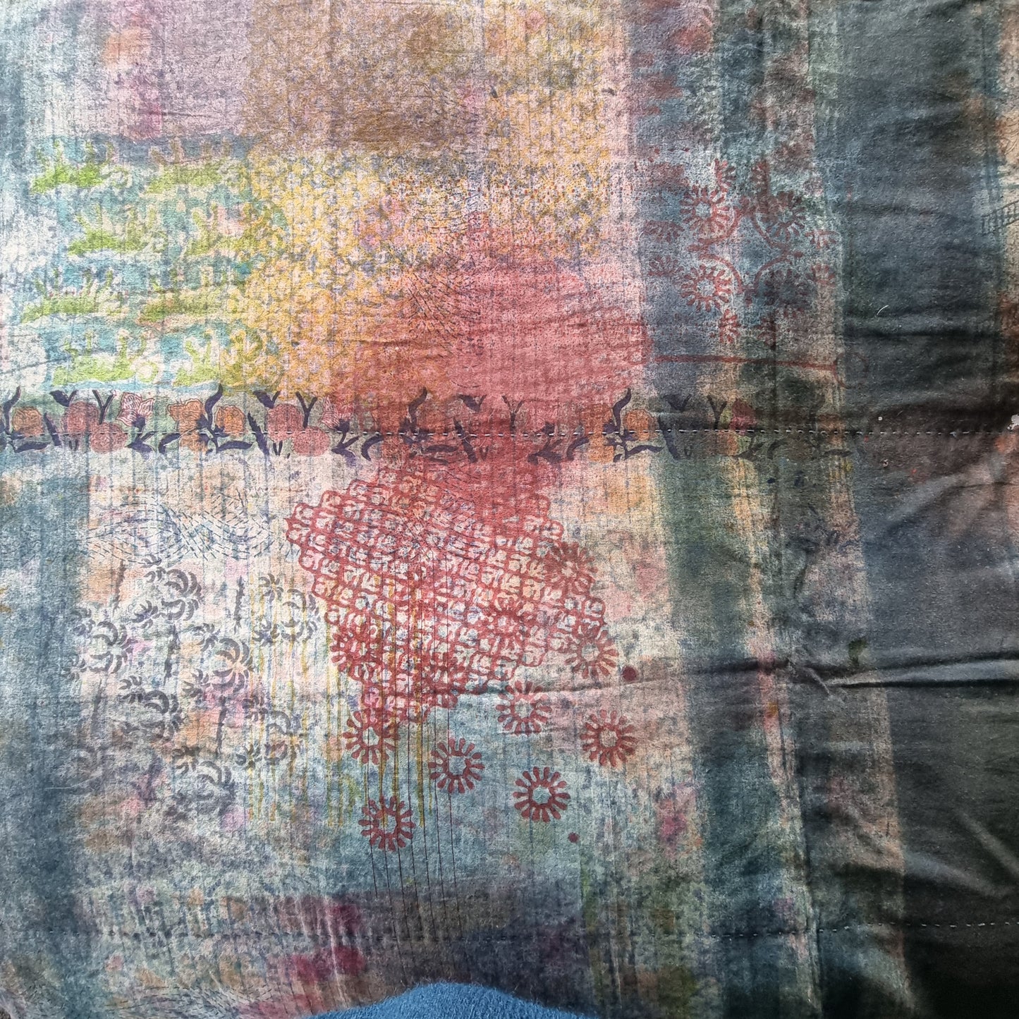 Half Kantha Dohar Quilt - Blue Impressions / Iris Blue - One of a Kind