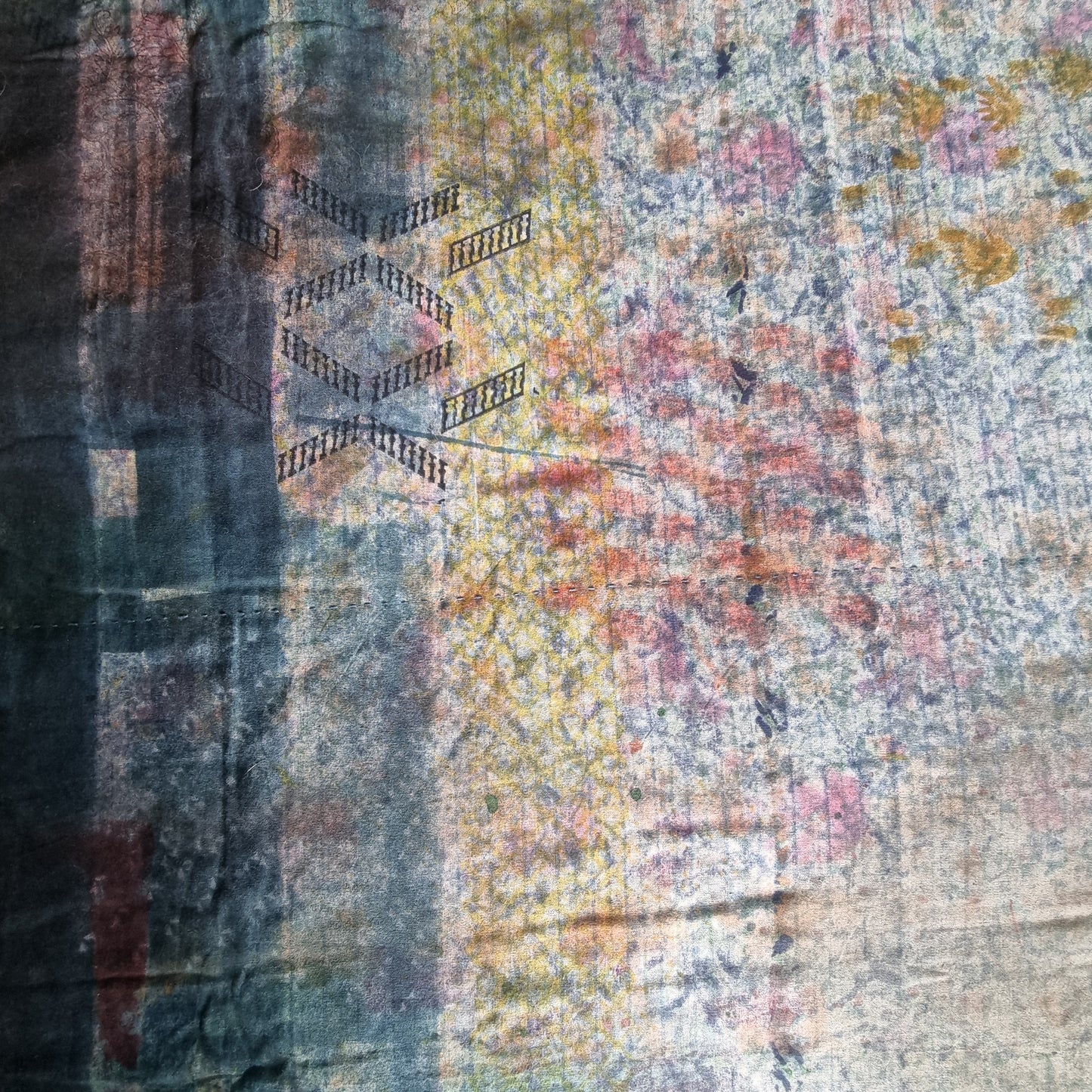Half Kantha Dohar Quilt - Blue Impressions / Iris Blue - One of a Kind