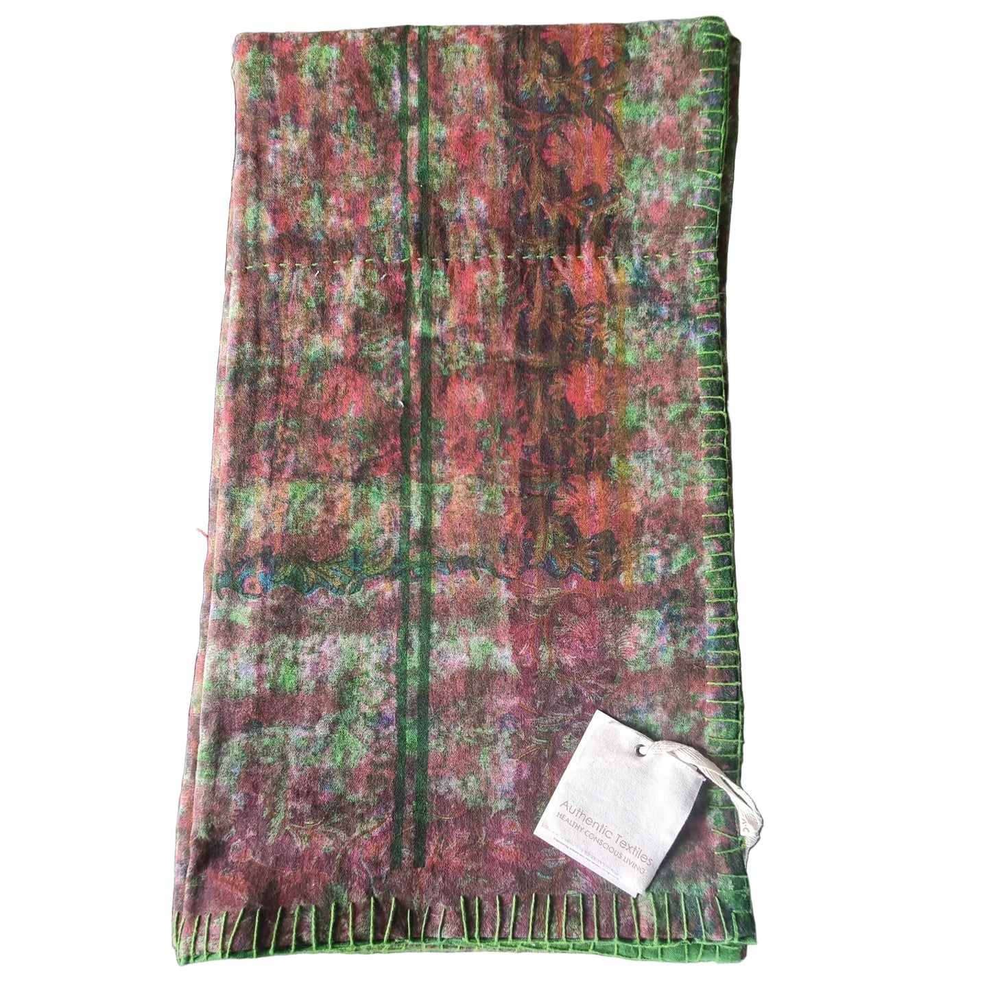 Half Kantha Dohar Quilt - Crimson Trails / Moss - One of a Kind
