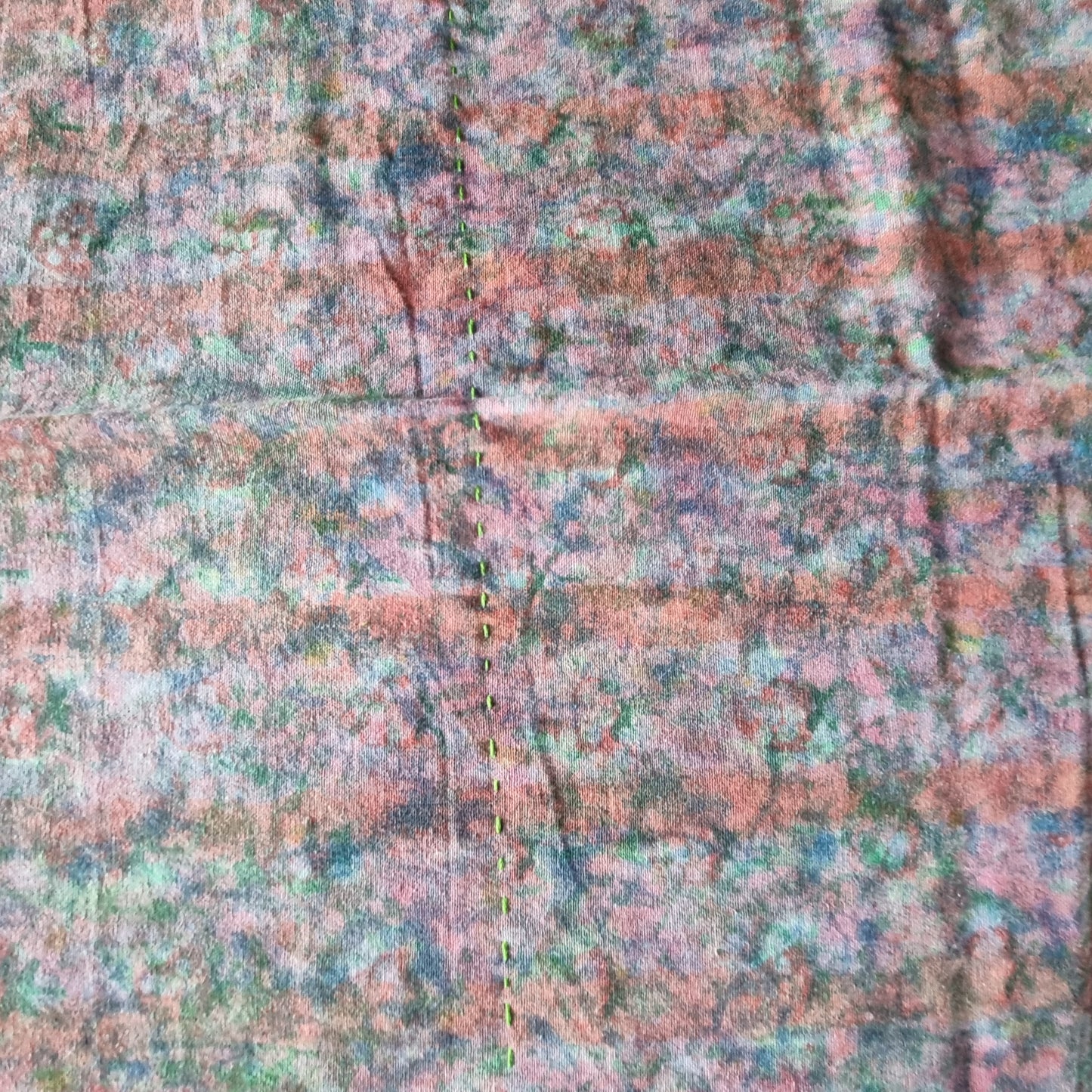 Half Kantha Dohar Quilt - Blue Sprigs with Strawberries / Moss - One of a Kind