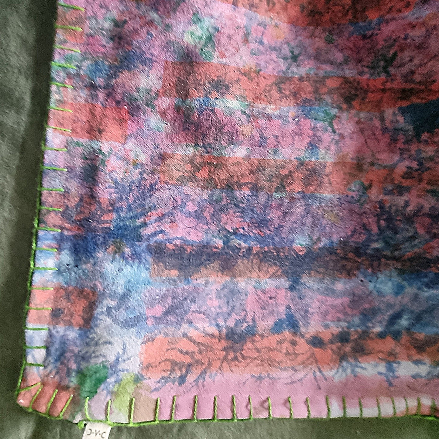 Half Kantha Dohar Quilt - Blue Sprigs with Strawberries / Moss - One of a Kind