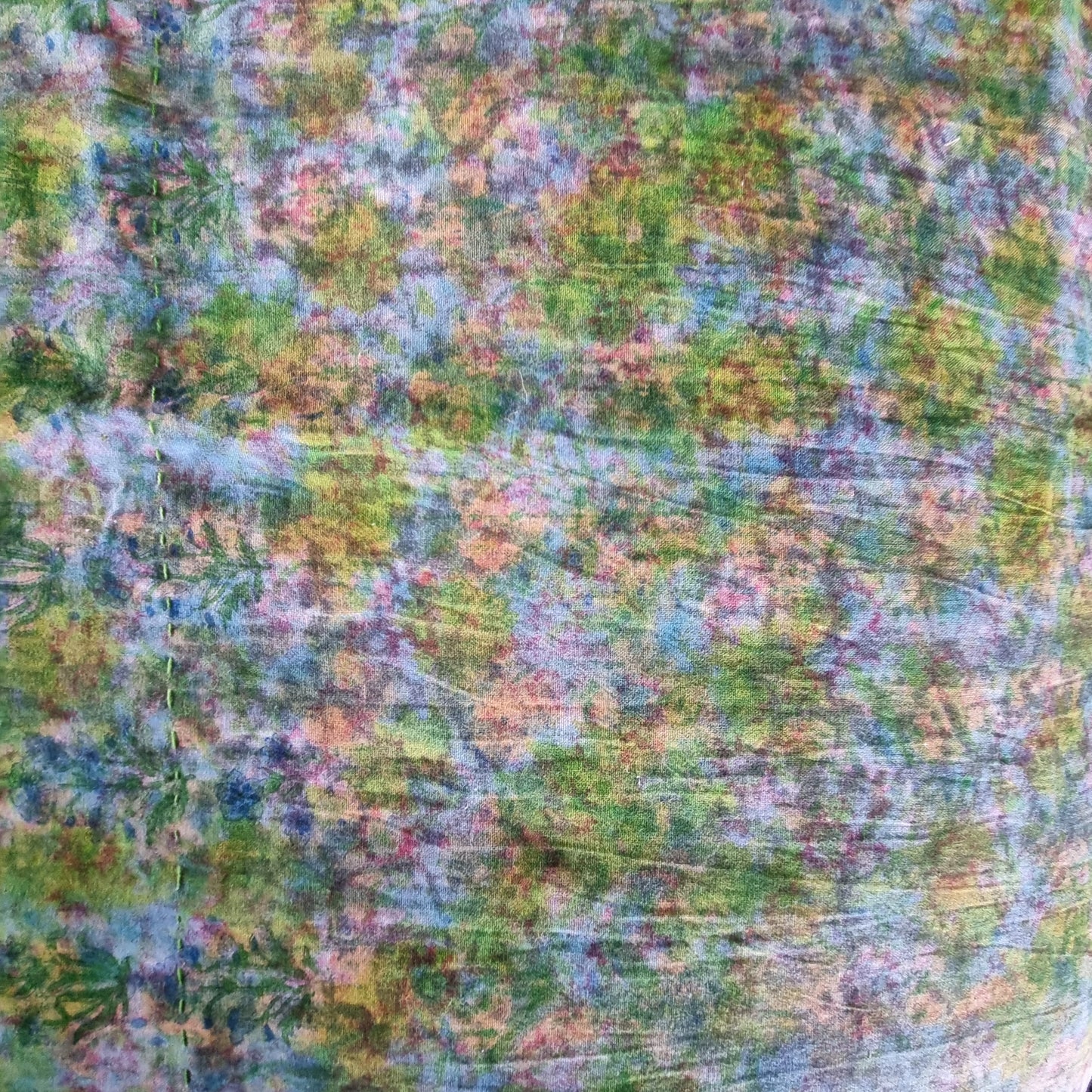 Half Kantha Doha Quilt - Pink Water Lilies / Moss - One of a Kind