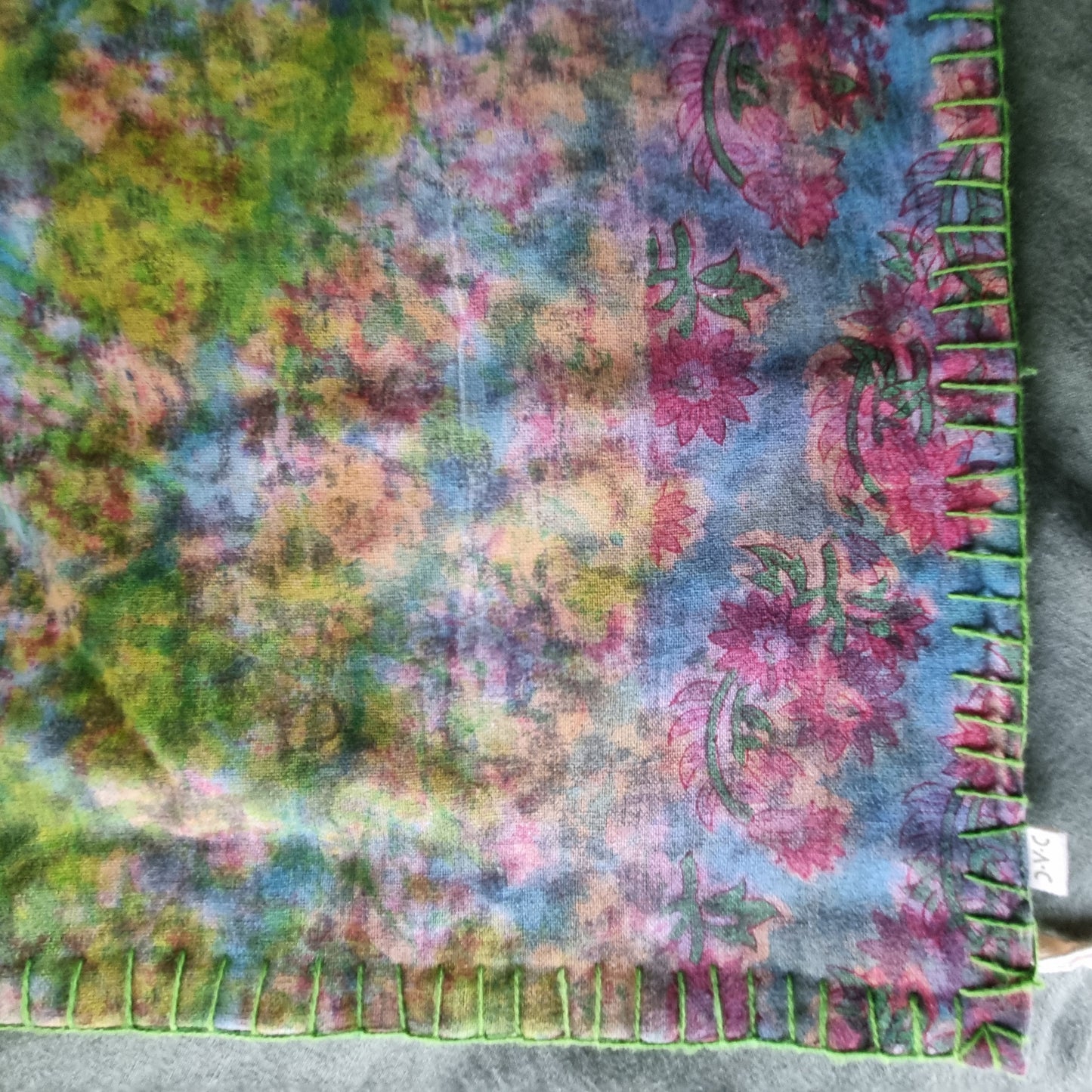 Half Kantha Doha Quilt - Pink Water Lilies / Moss - One of a Kind