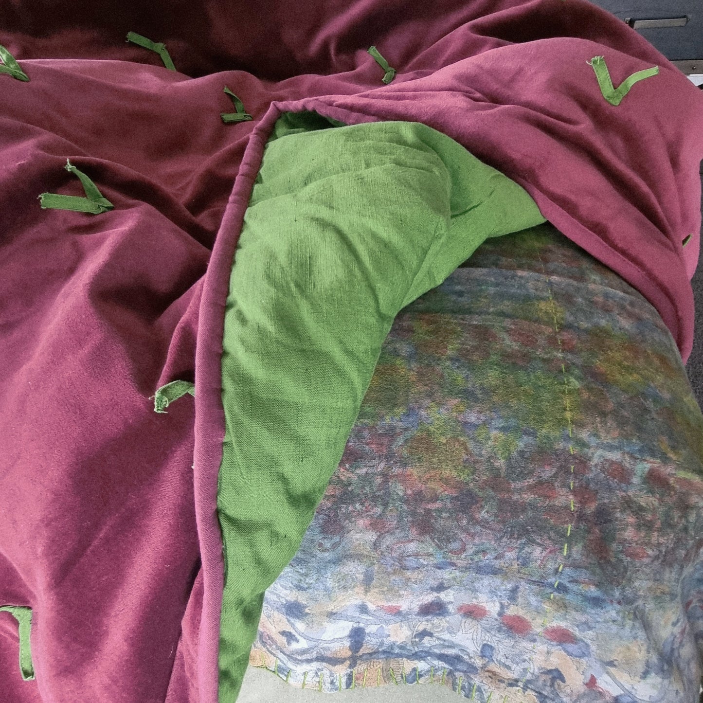 Half Kantha Dohar Quilt - Moody Plums / Moss - One of a Kind