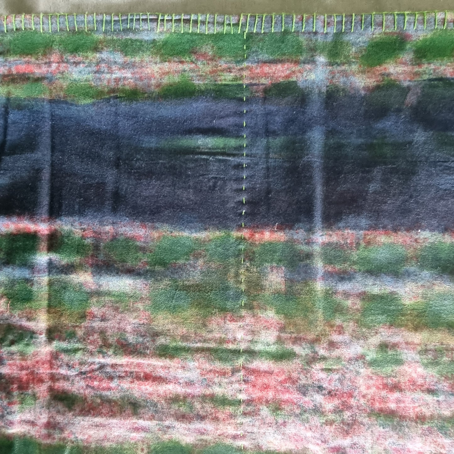 Half Kantha Dohar Quilt -Blue Flora / Moss - One-of-a kind