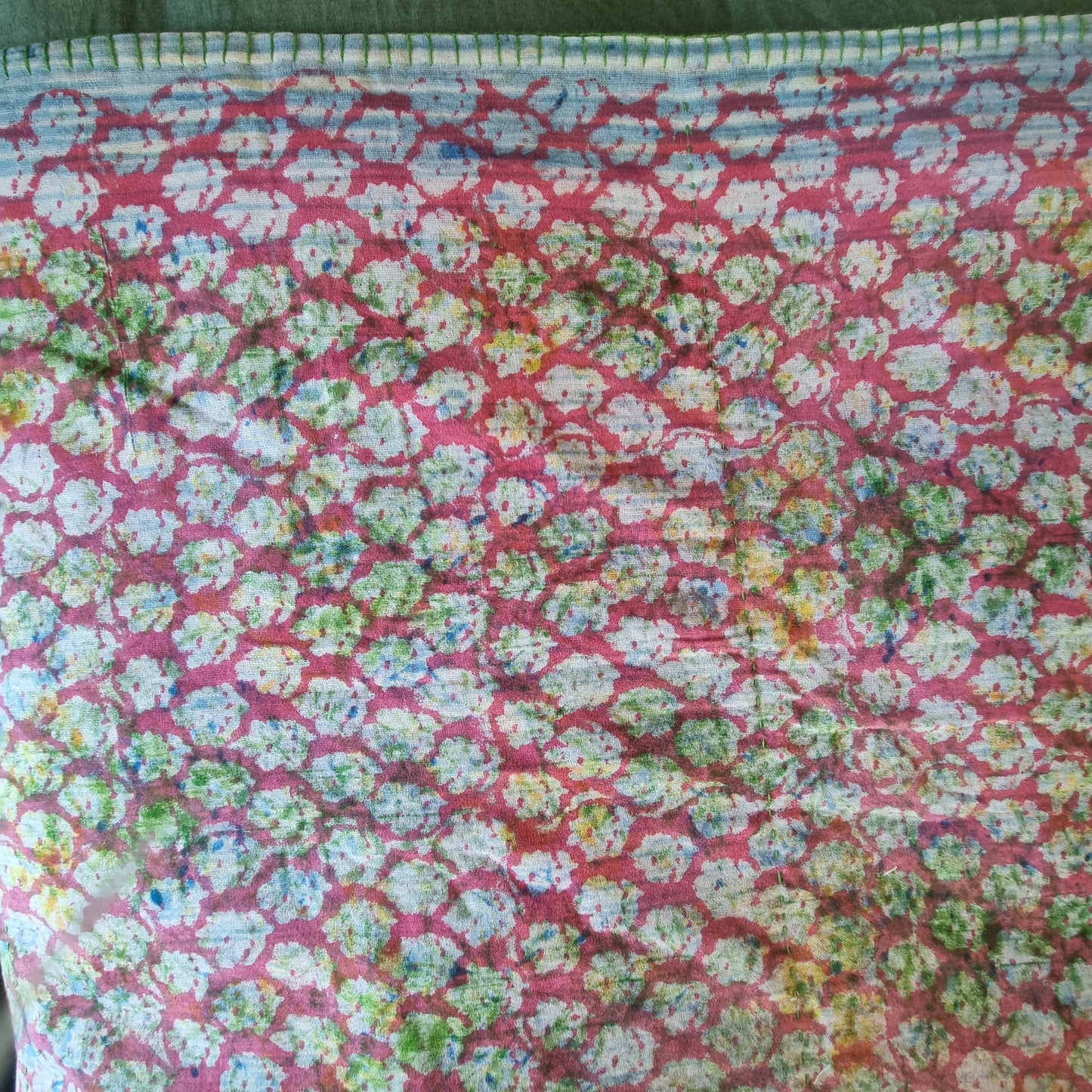 Half Kantha Dohar Quilt - Pink Shadow / Moss - One of a Kind