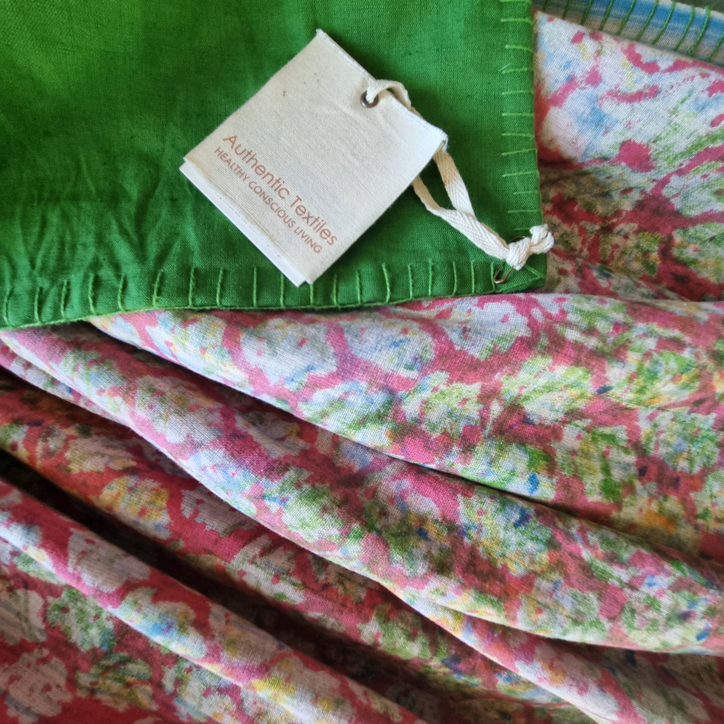 Half Kantha Dohar Quilt - Pink Shadow / Moss - One of a Kind