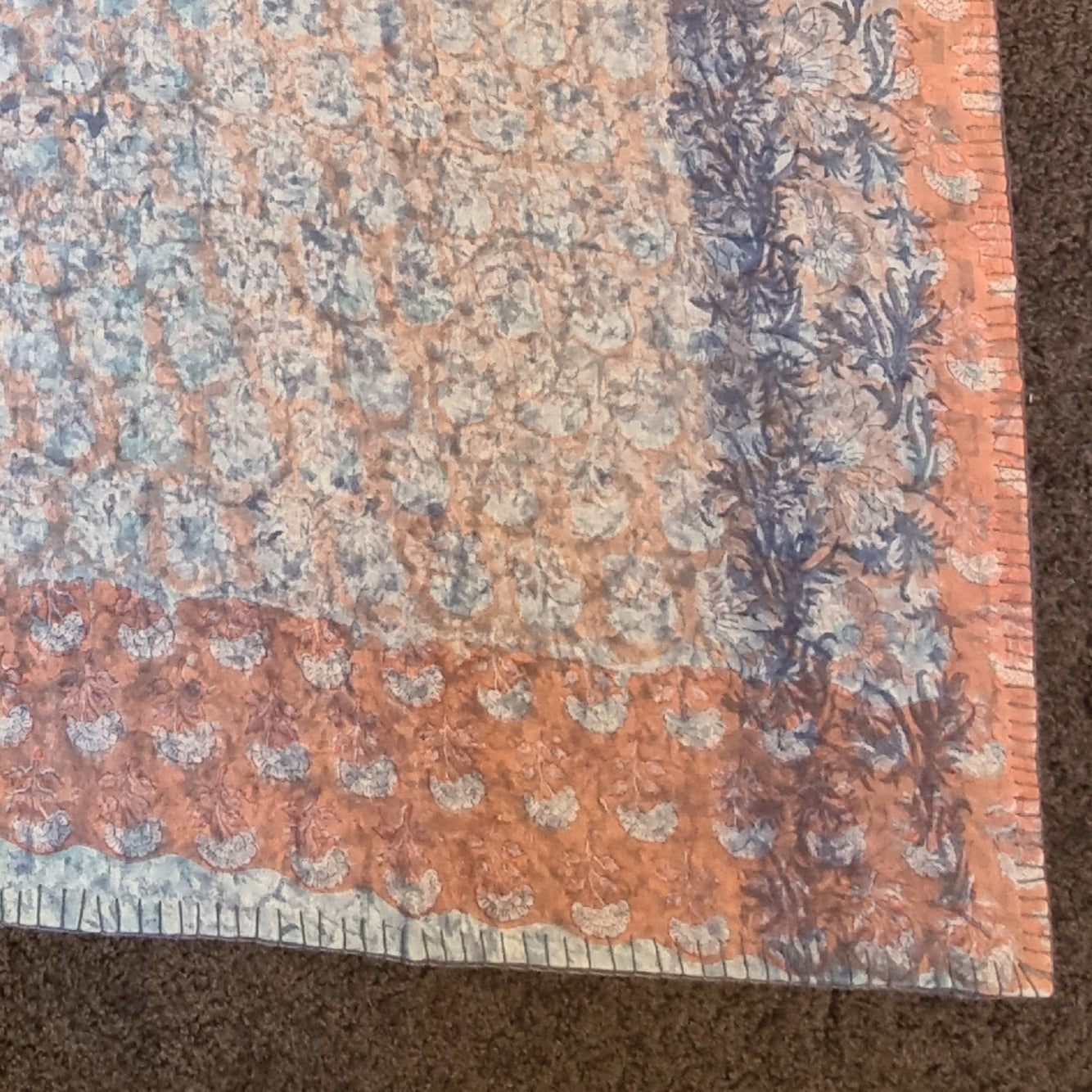 Half Kantha Dohar Quilt - Coral Bloom / Blue Iris - Limited Edition of 2