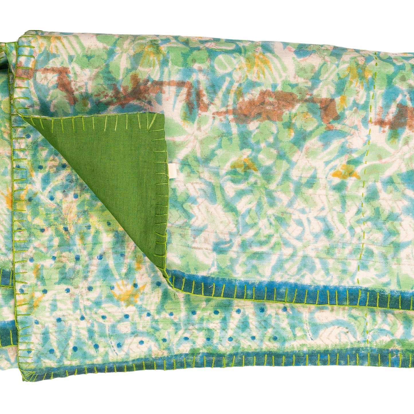 Half Kantha Dohar Quilt - Sea Glass / Moss - One of a Kind
