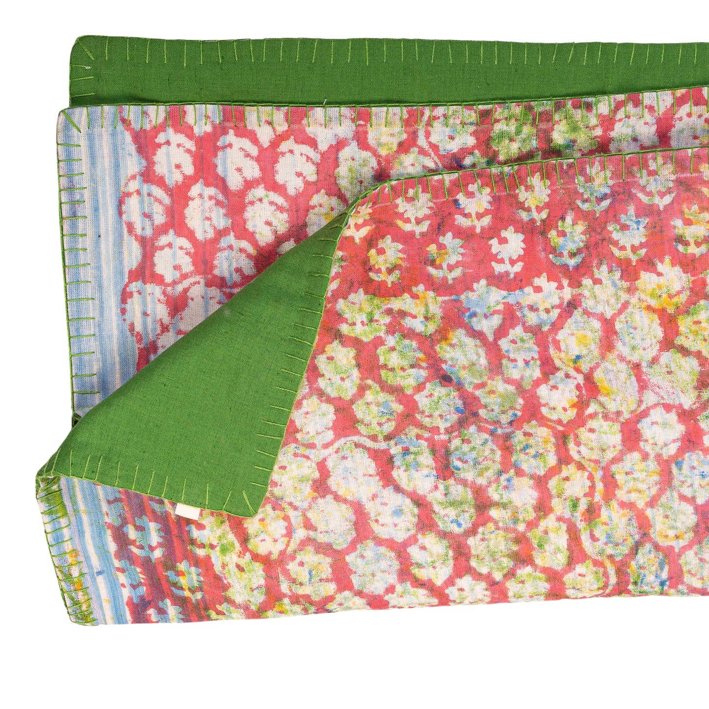 Half Kantha Dohar Quilt - Pink City / Moss One-of-a-Kind