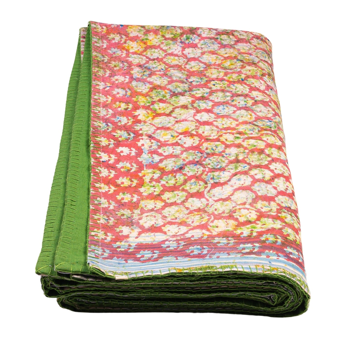 Half Kantha Dohar Quilt - Pink City / Moss One-of-a-Kind