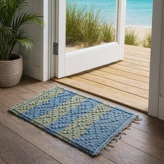 Striped blue and green rug on a wooden floor with a view of the ocean through an open door.