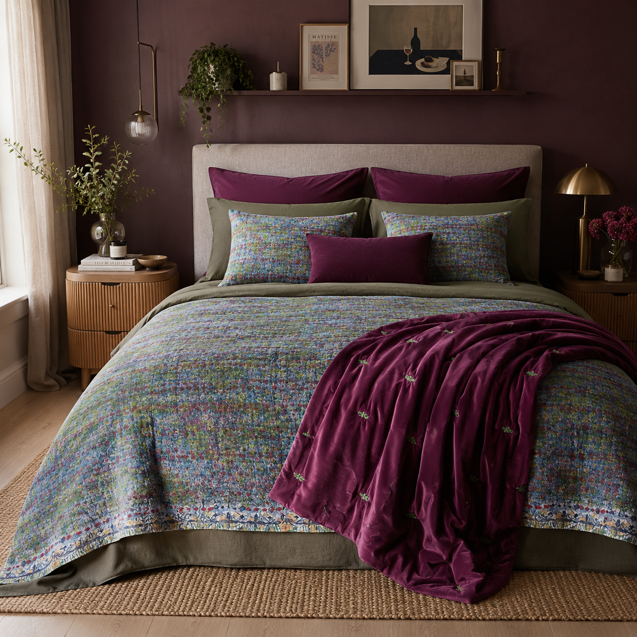 Half Kantha Dohar Quilt - Moody Plums / Moss - One of a Kind
