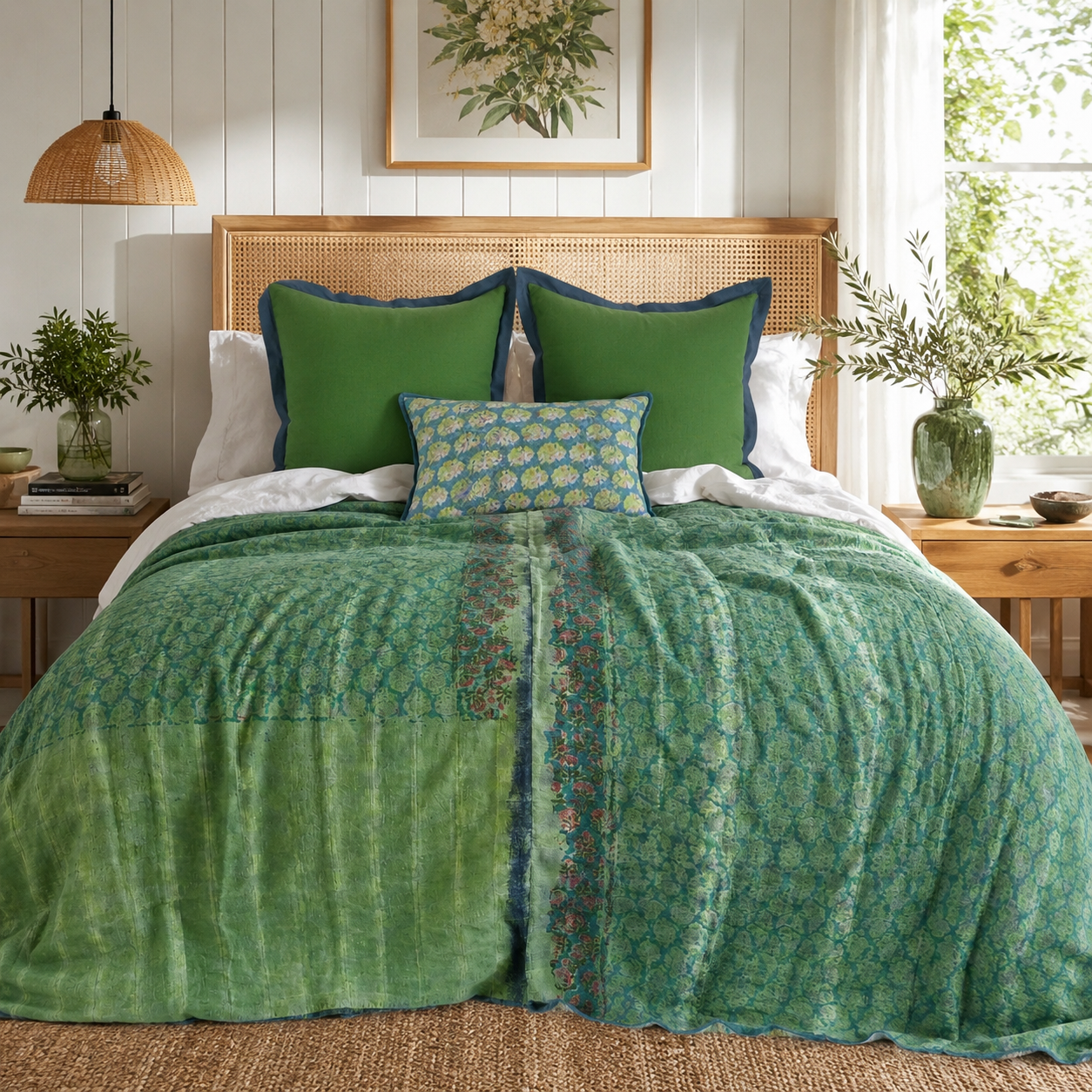 Full Kantha Dohar Quilt - Persian Emeralds / Blue Iris - One of a Kind