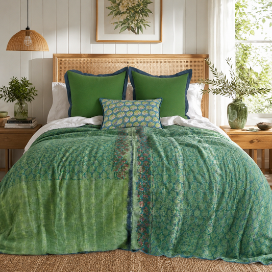 Full Kantha Dohar Quilt - Persian Emeralds / Blue Iris - One of a Kind