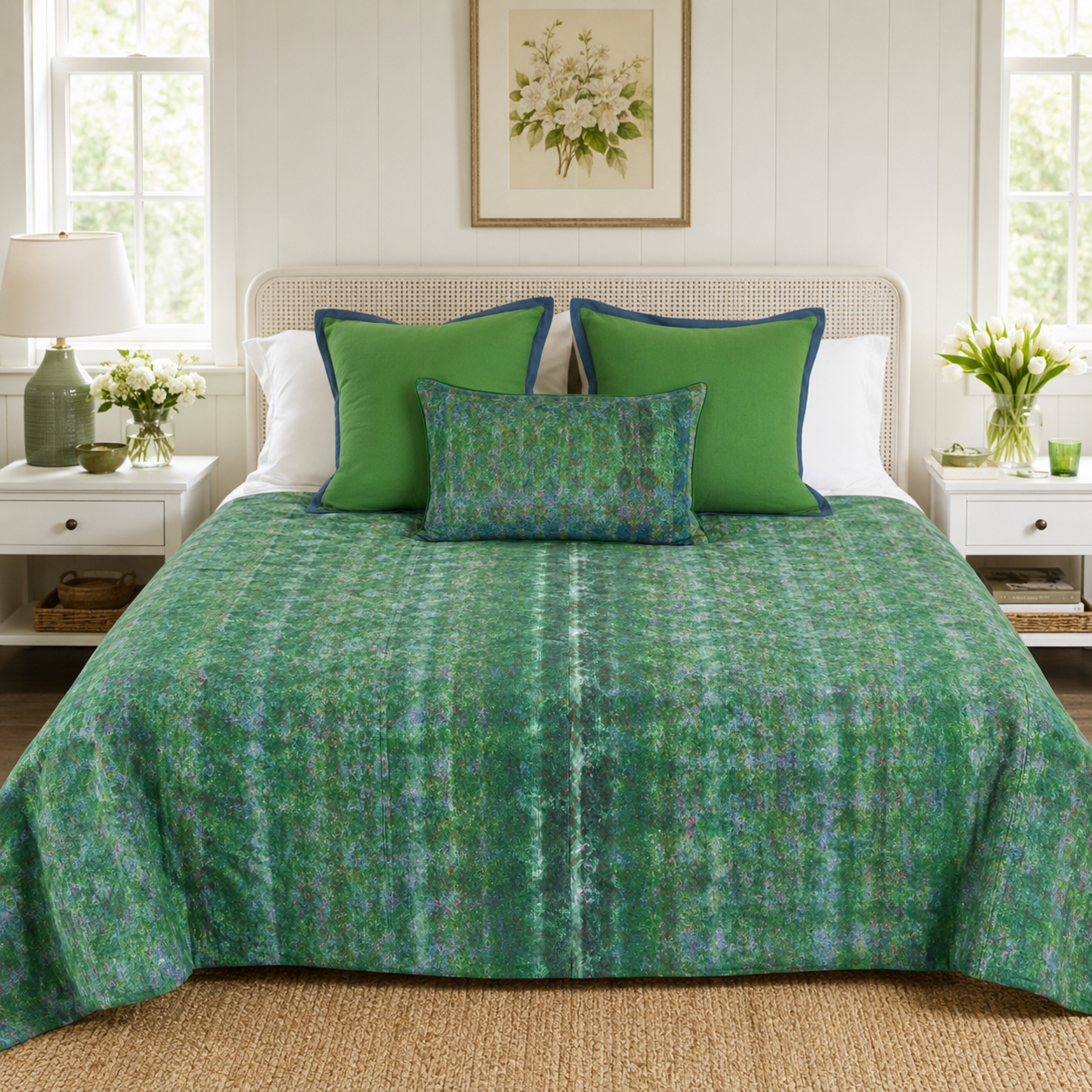 Full Kantha Dohar Quilt - Emerald Meadow / Blue Iris - One of a Kind
