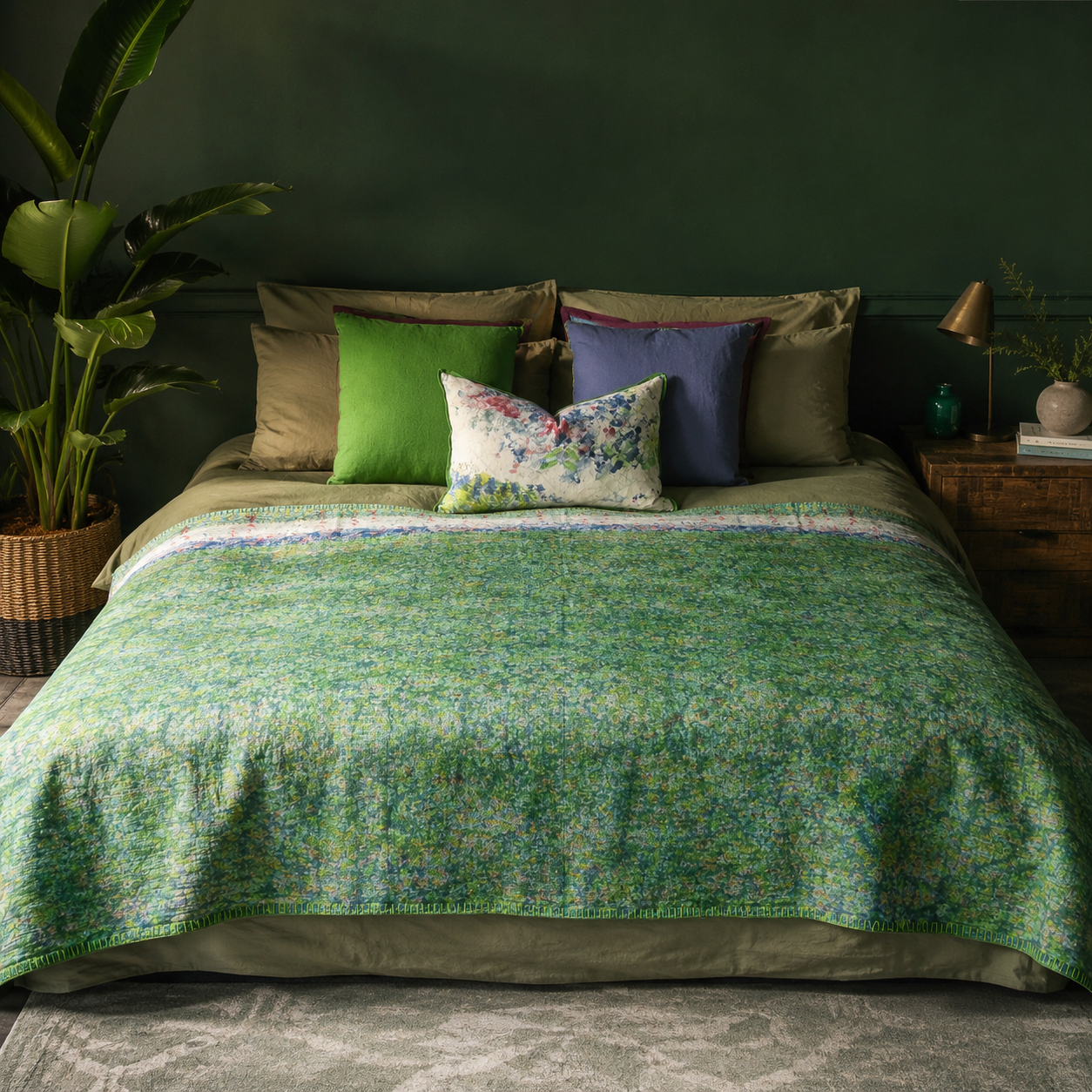 Half Kantha Dohar Quilt - Moody Emerald / Moss - One of a Kind
