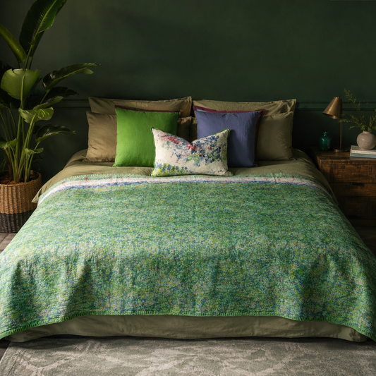 Half Kantha Dohar Quilt - Moody Emerald / Moss - One of a Kind