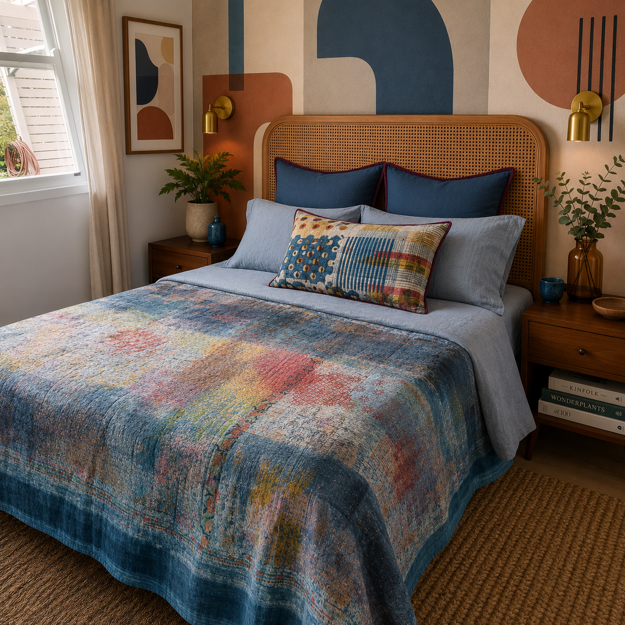 Half Kantha Dohar Quilt - Blue Impressions / Iris Blue - One of a Kind