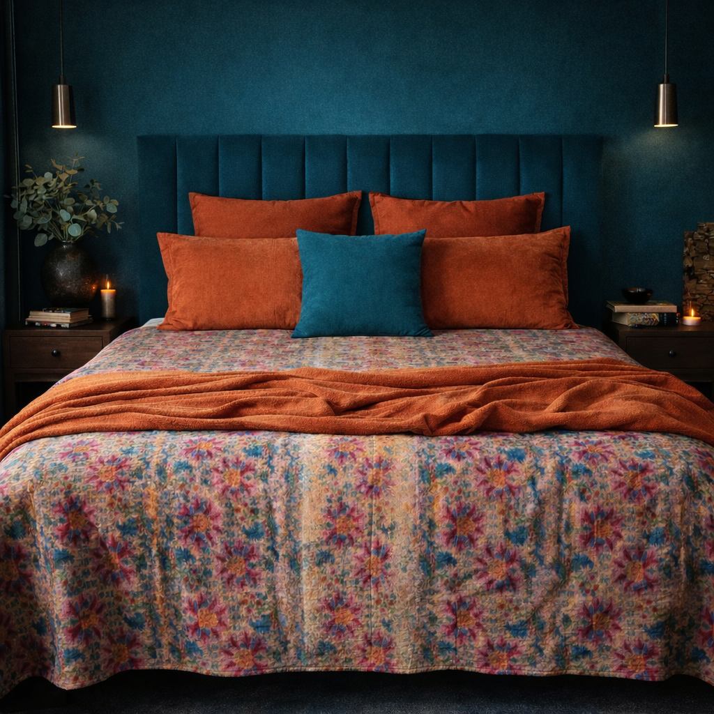 Full Kantha Dohar Quilt - Harlequin Garden / Carnelian - One of a Kind