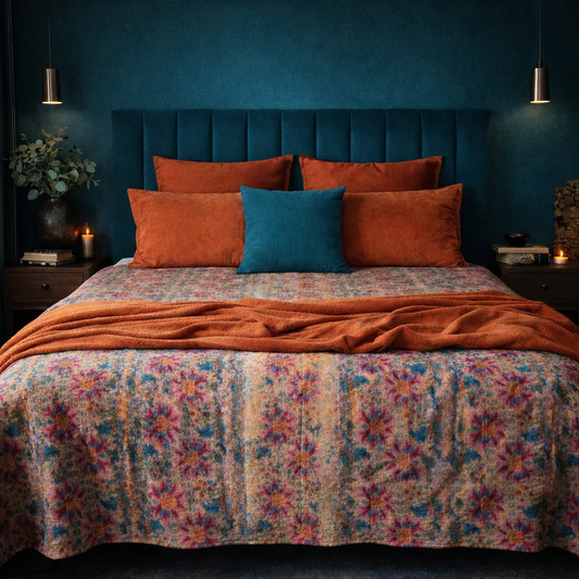 Full Kantha Dohar Quilt - Harlequin Garden / Carnelian - One of a Kind