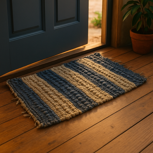 Handwoven Natural and Blue-Grey Wool Doormat