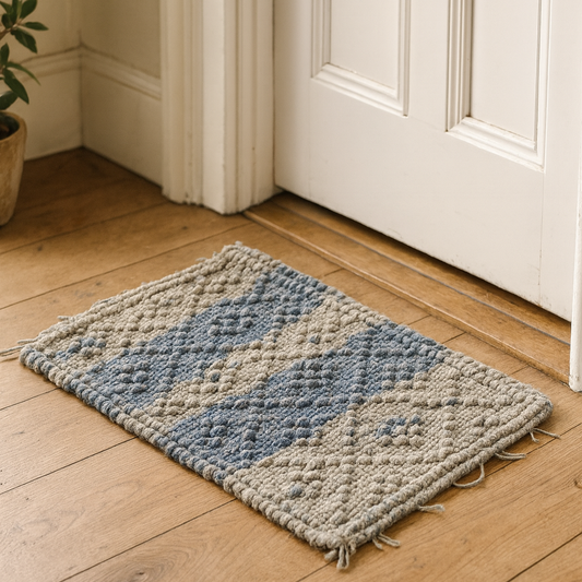 Handwoven Blue and Natural Wool Doormat