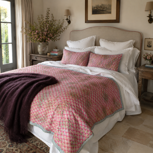 Half Kantha Dohar Quilt - Pink Shadow / Moss - One of a Kind