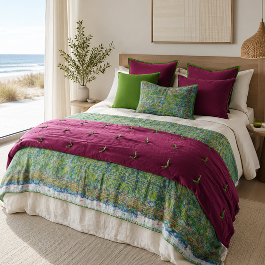 Half Kantha Doha Quilt - Summer Emerald Sapphire / Moss - One of a Kind