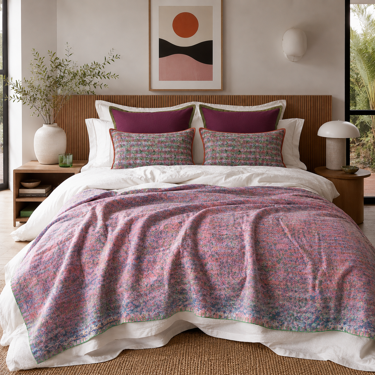 Half Kantha Dohar Quilt - Blue Sprigs with Strawberries / Moss - One of a Kind