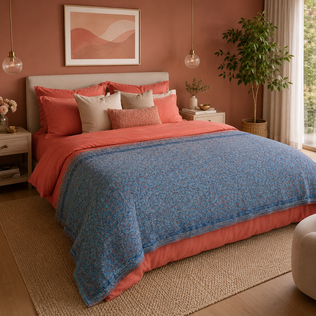 Half Kantha Dohar Quilt - Coral Bloom / Blue Iris - Limited Edition of 2