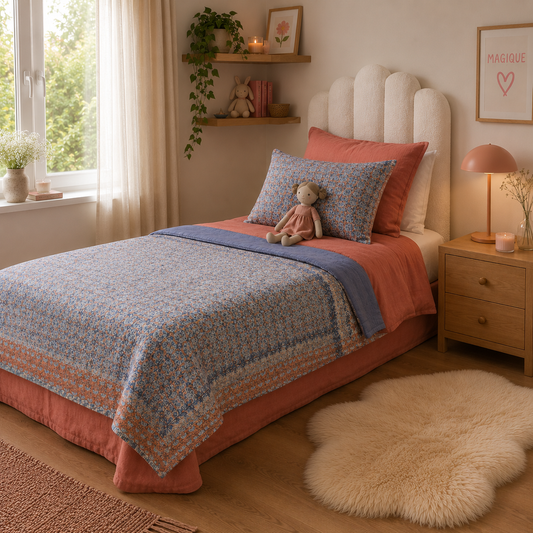 Half Kantha Dohar Quilt - Coral Bloom / Blue Iris - Limited Edition of 2