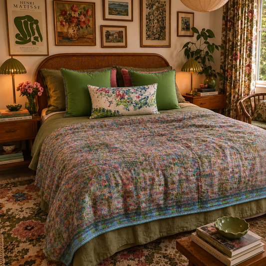 Half Kantha Doha Quilt - Spring Meadow / Moss - Limited Edition of 2