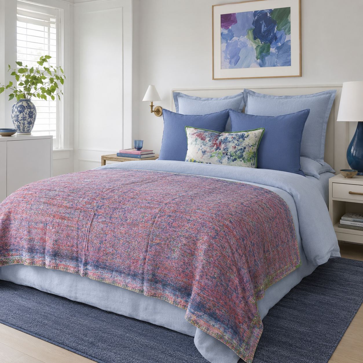 Half Kantha Dohar Quilt - Blue Sprigs / Moss - One of a Kind