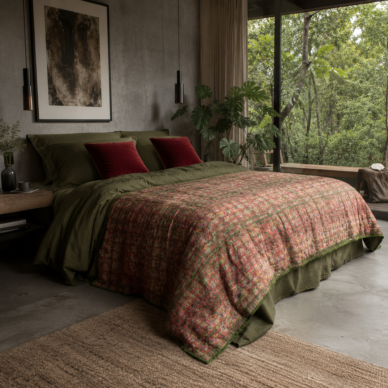 Half Kantha Dohar Quilt - Crimson Trails / Moss - One of a Kind