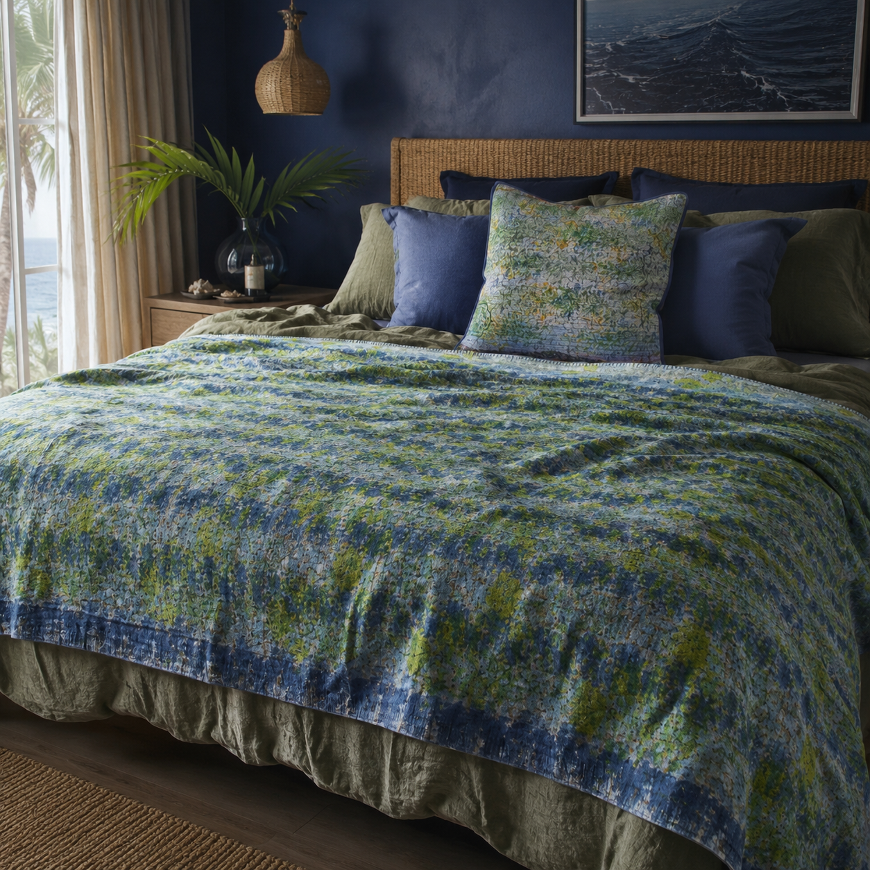 Half Kantha Doha Quilt - Water Garden / Blue Iris - One of a Kind