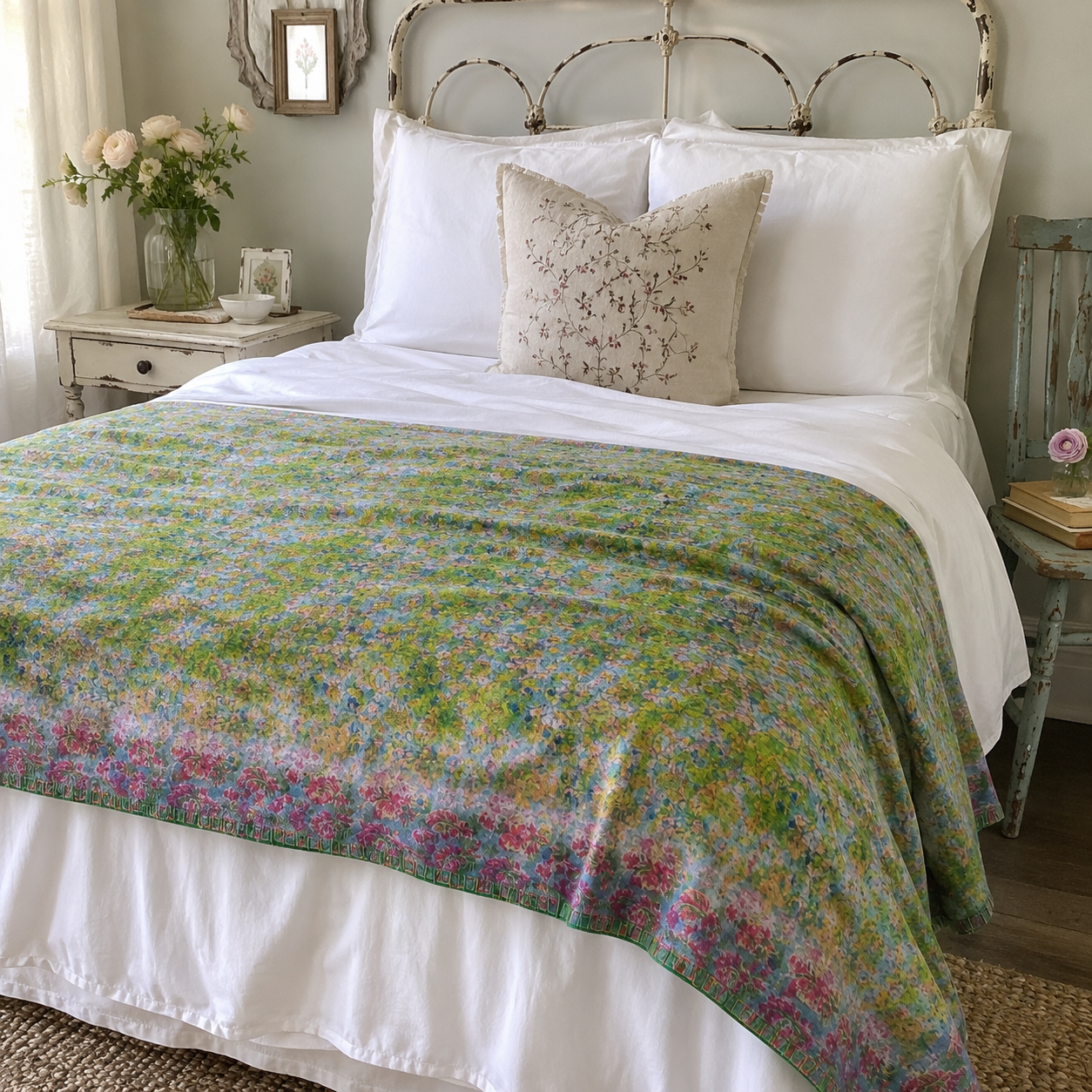 Half Kantha Doha Quilt - Pink Water Lilies / Moss - One of a Kind