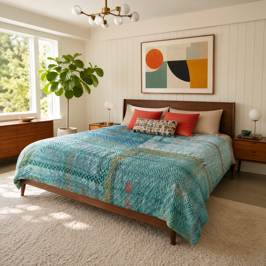 Full Kantha Dohar Quilt - Tidal Weave / Jasper - One of a Kind
