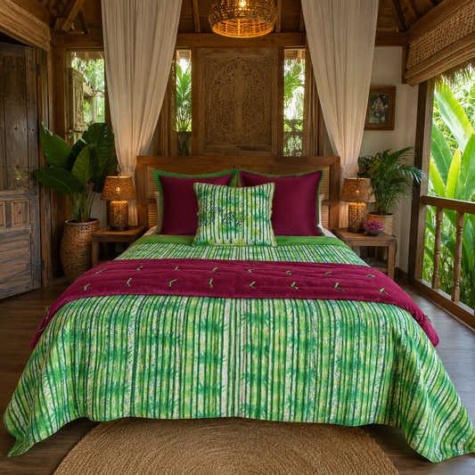 Full Kantha Doha Quilt - Bamboo Forest / Moss - One of a Kind