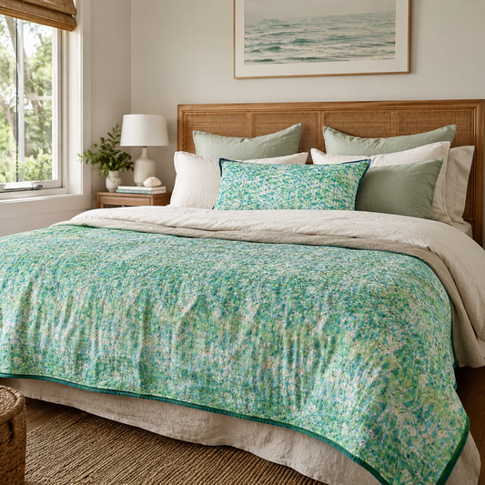Half Kantha Dohar Quilt - Sea Glass / Moss - One of a Kind