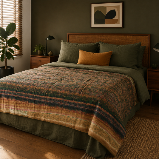 Half Kantha Dohar Quilt - Saturated Stripe / Moss - One of a Kind