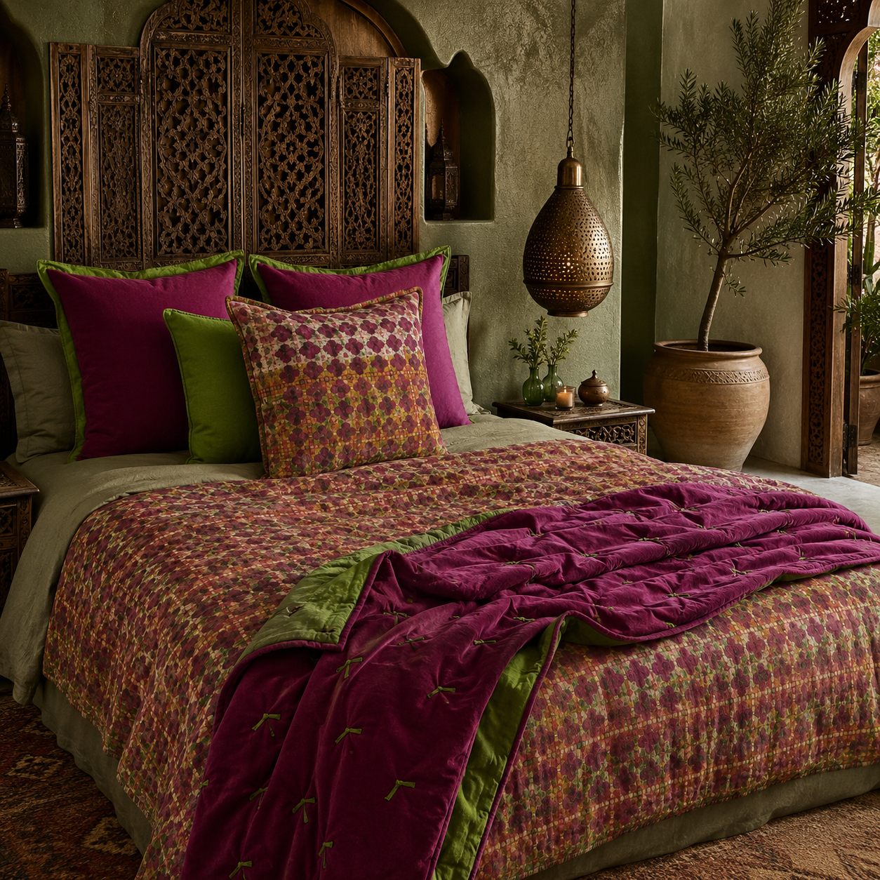 Half Kantha Dohar Quilt - Underprint - Lattice / Moss - One-of-a-kind