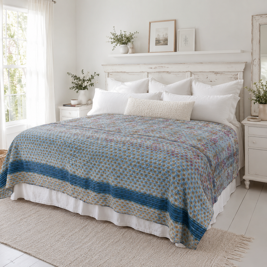 Half Kantha Doha Quilt - Vintage Rose / Blue Iris Limited Edition of 2